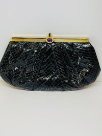 Thumbnail for Judith Lieber Black Snake Skin and Brass Purse with Purple Cabochon Devil's Details 