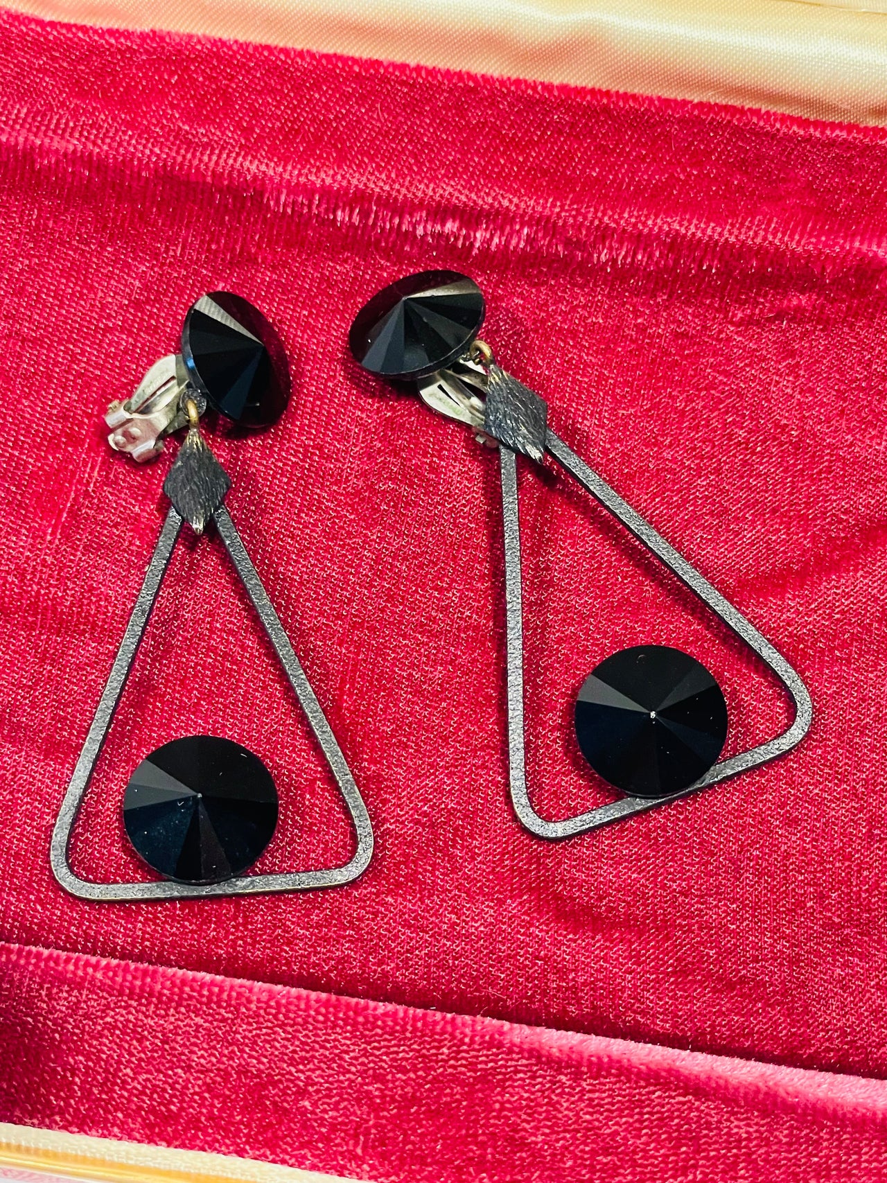 Kira. Black Triangle Dangle Clip on Earrings Bloomers and Frocks 