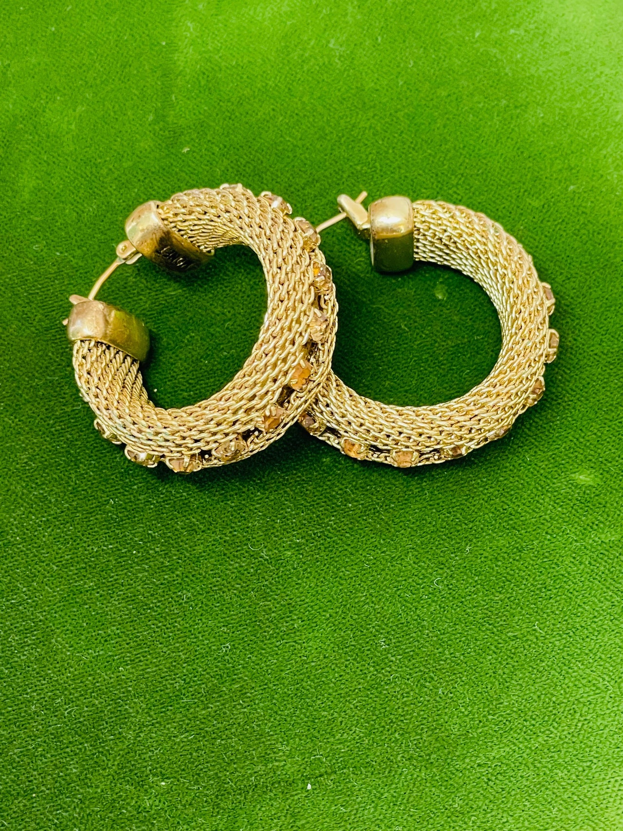Monet Gold Mesh Hoops with Yellow Rhinestones Devil's Details 