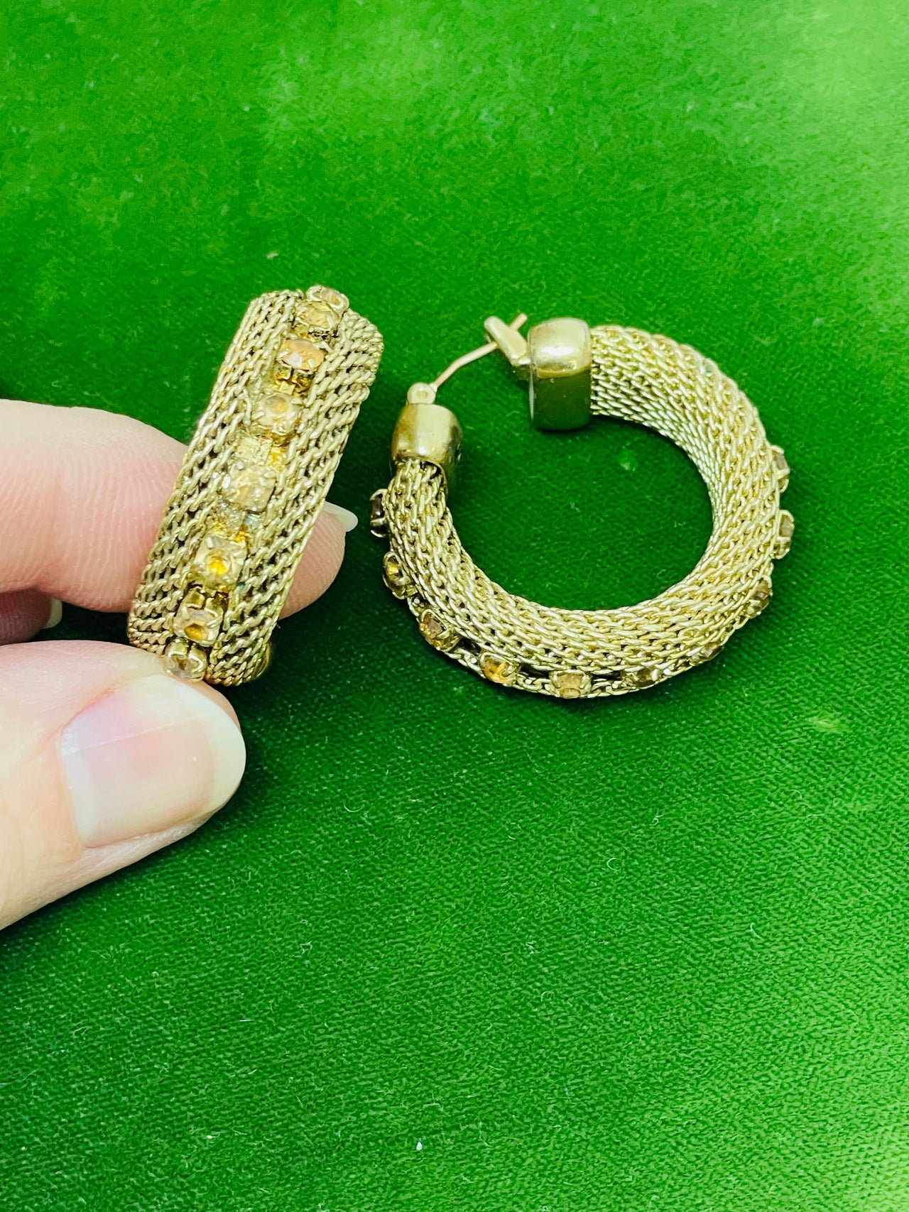 Monet Gold Mesh Hoops with Yellow Rhinestones Devil's Details 