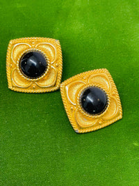 Thumbnail for Napier Square Gold Clip On Earrings with Black Enamel Dome Devil's Details 