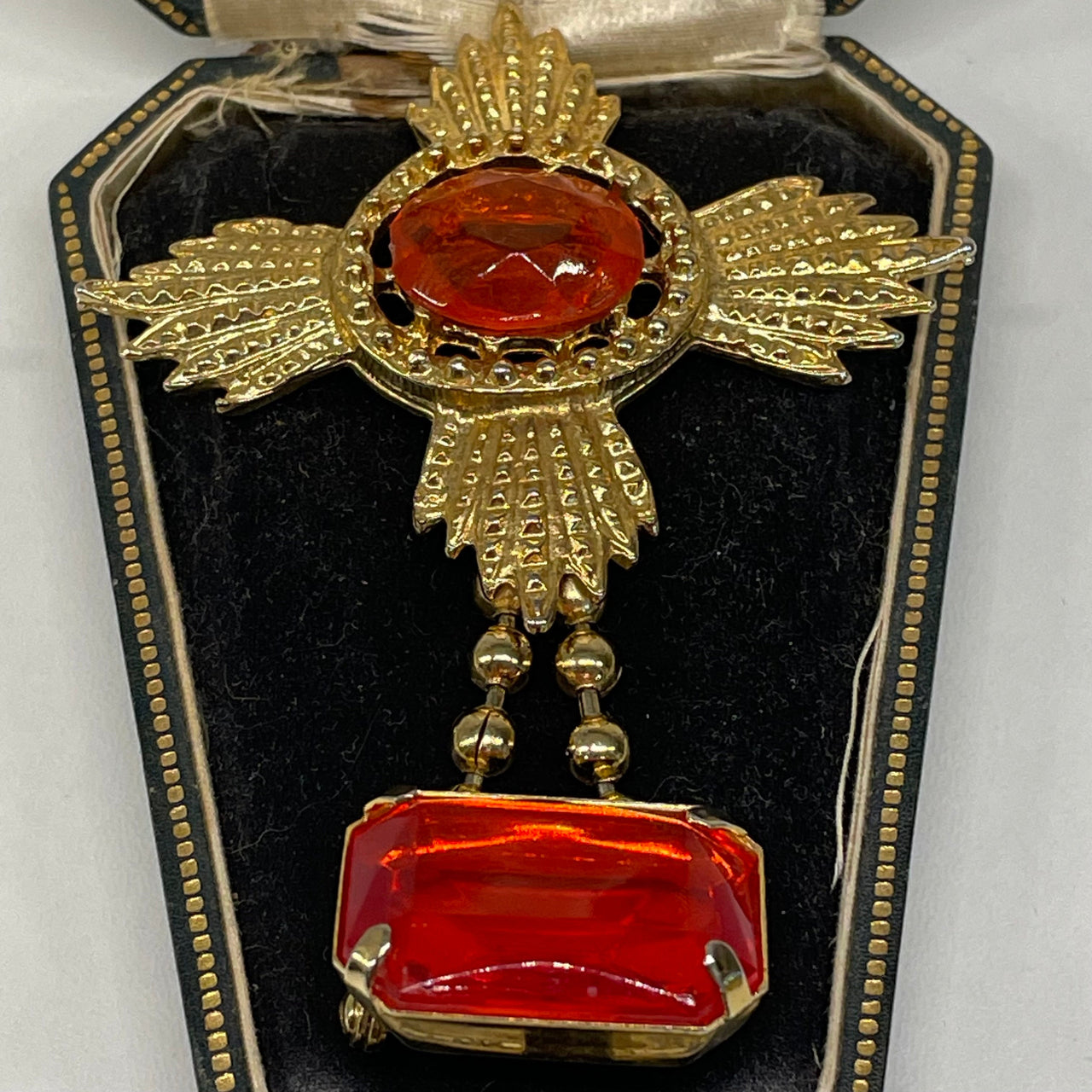 Orange Rhinestone Dangle Brooch Devil's Details 