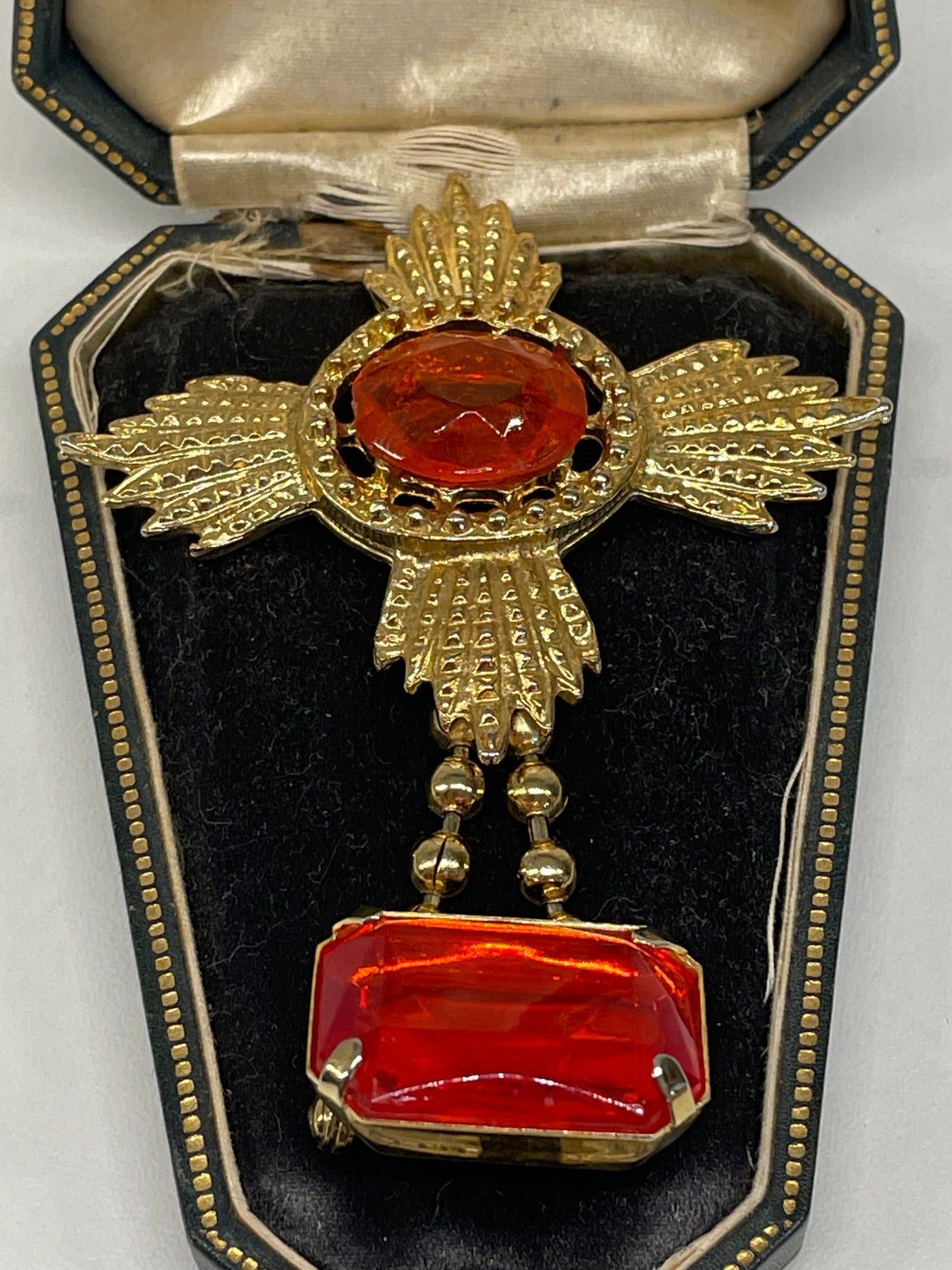 Orange Rhinestone Dangle Brooch Devil's Details 