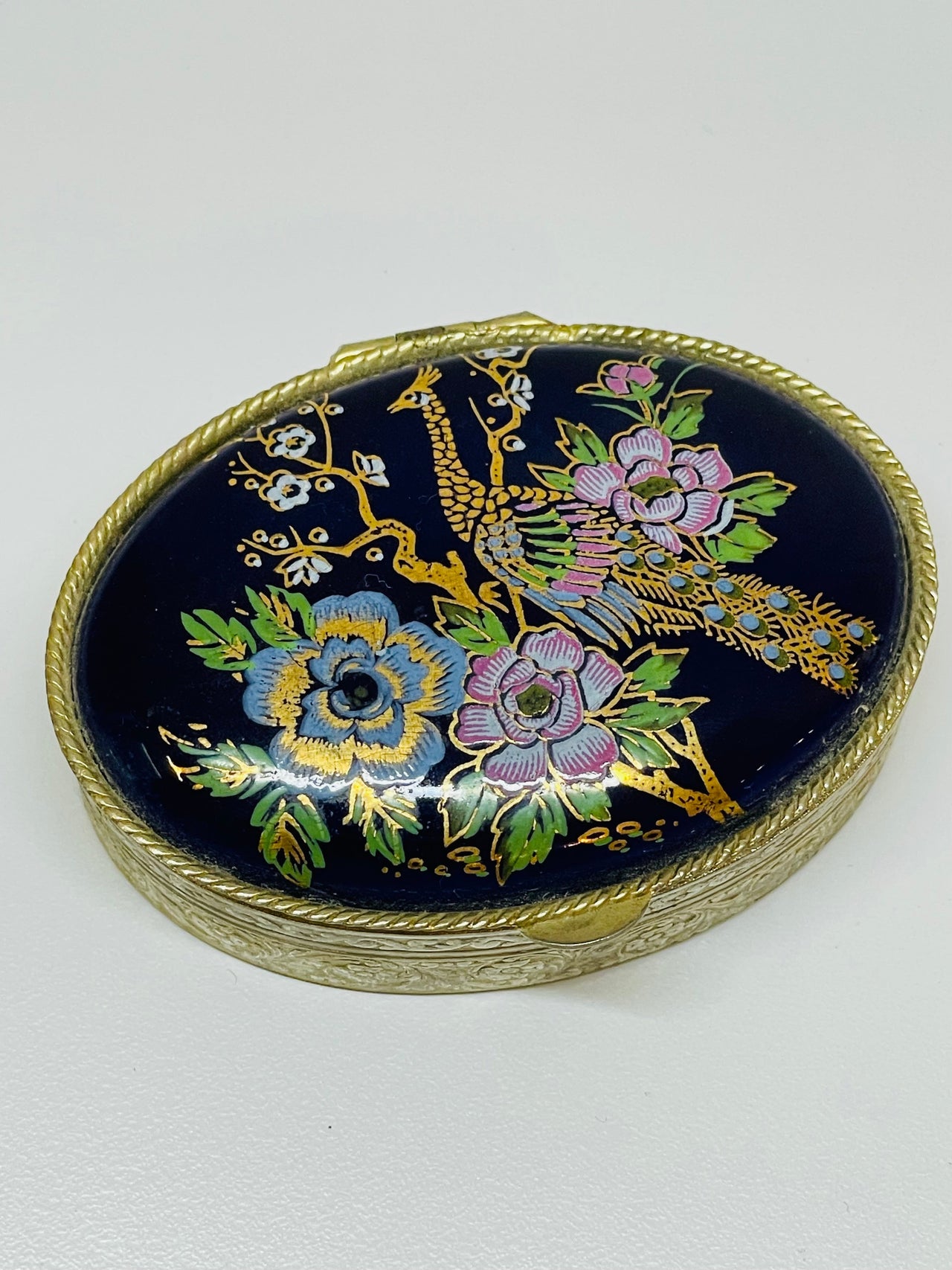 Peacock and Floral Oval Pill Box/Container Devil's Details 