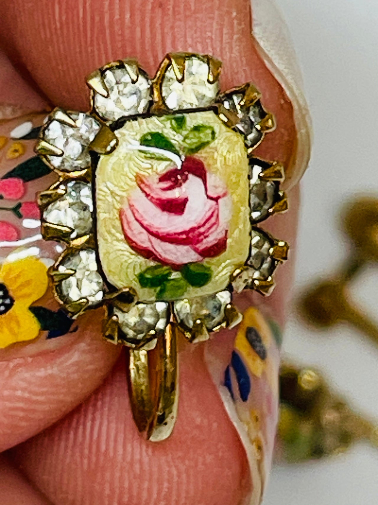 Rose Enamel Earrings with Rhinestones Setting Devil's Details 