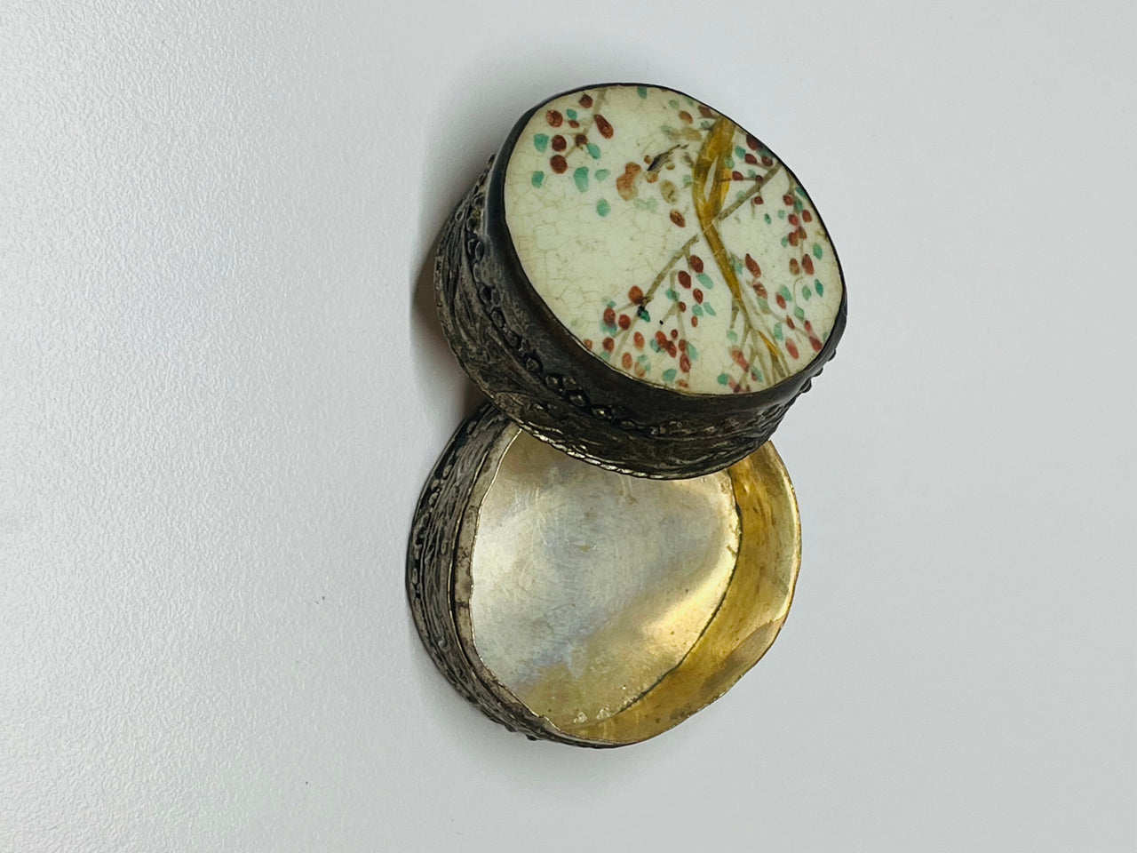 Round Metal Pill Box with Painted Enamel Top Devil's Details 