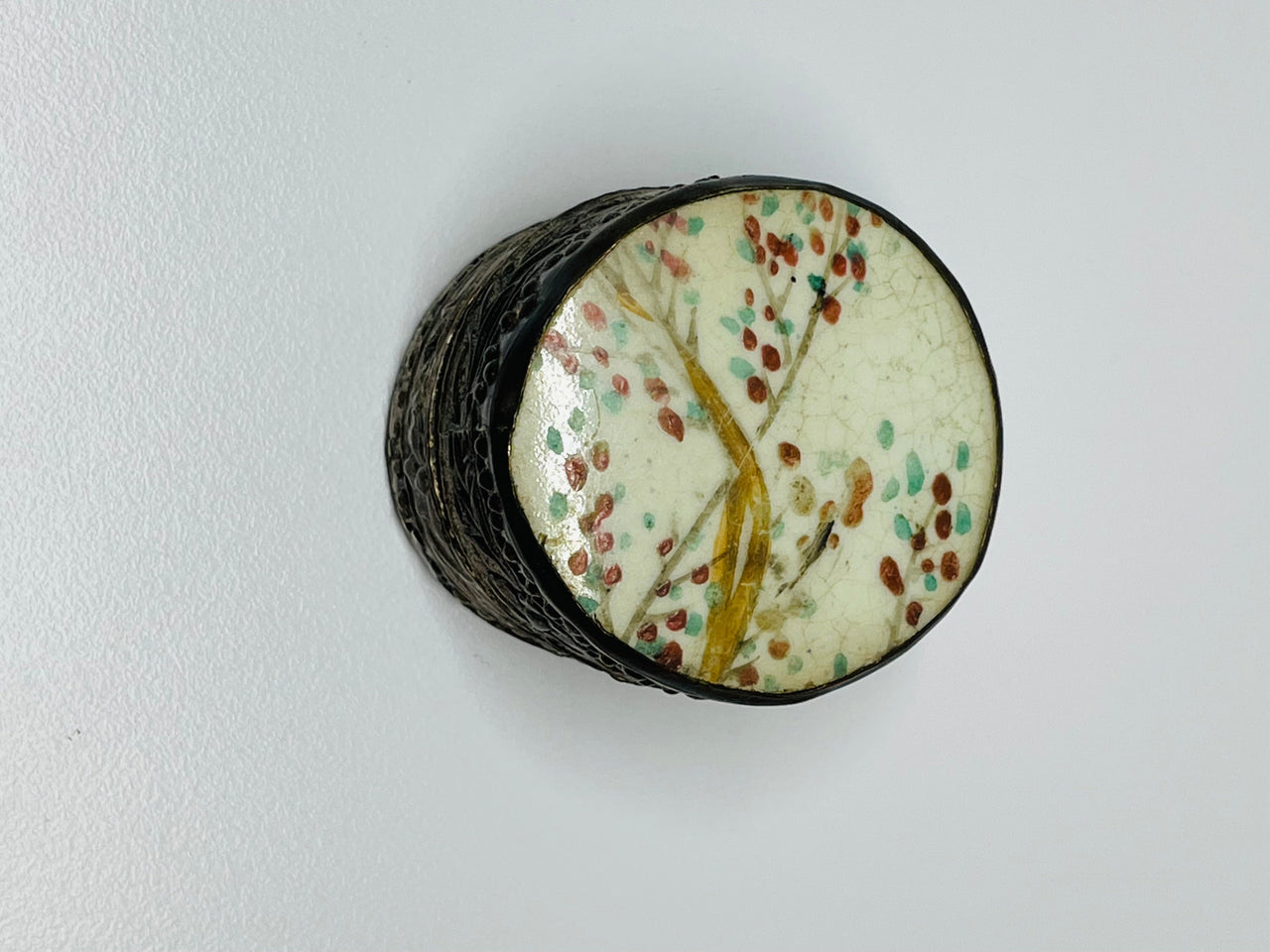 Round Metal Pill Box with Painted Enamel Top Devil's Details 