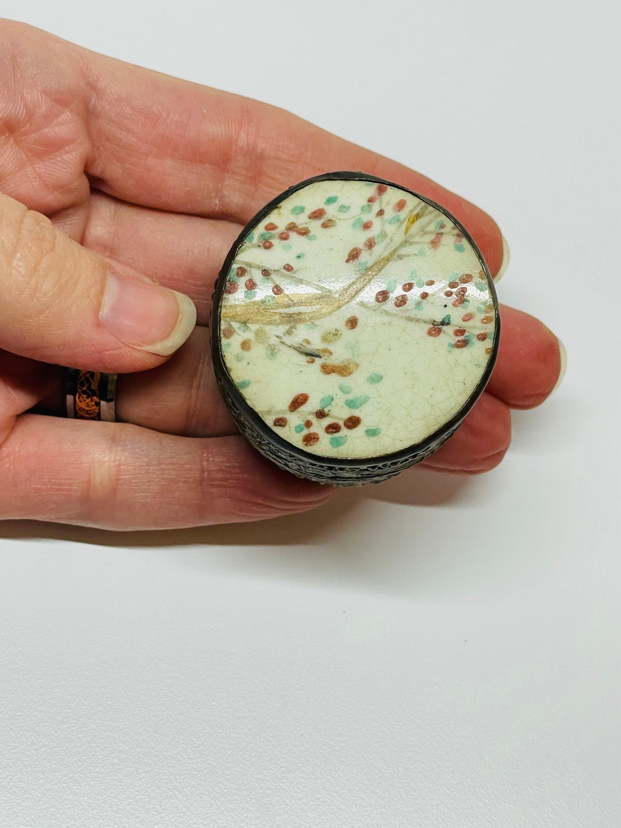 Round Metal Pill Box with Painted Enamel Top Devil's Details 