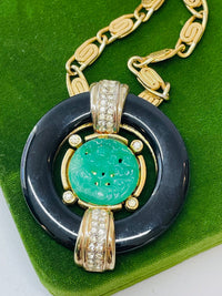 Thumbnail for Signed Gem-Craft Vintage Faux Carved Jade Resin Rhinestone and Black Enamel Earrings and Necklace Set Devil's Details 