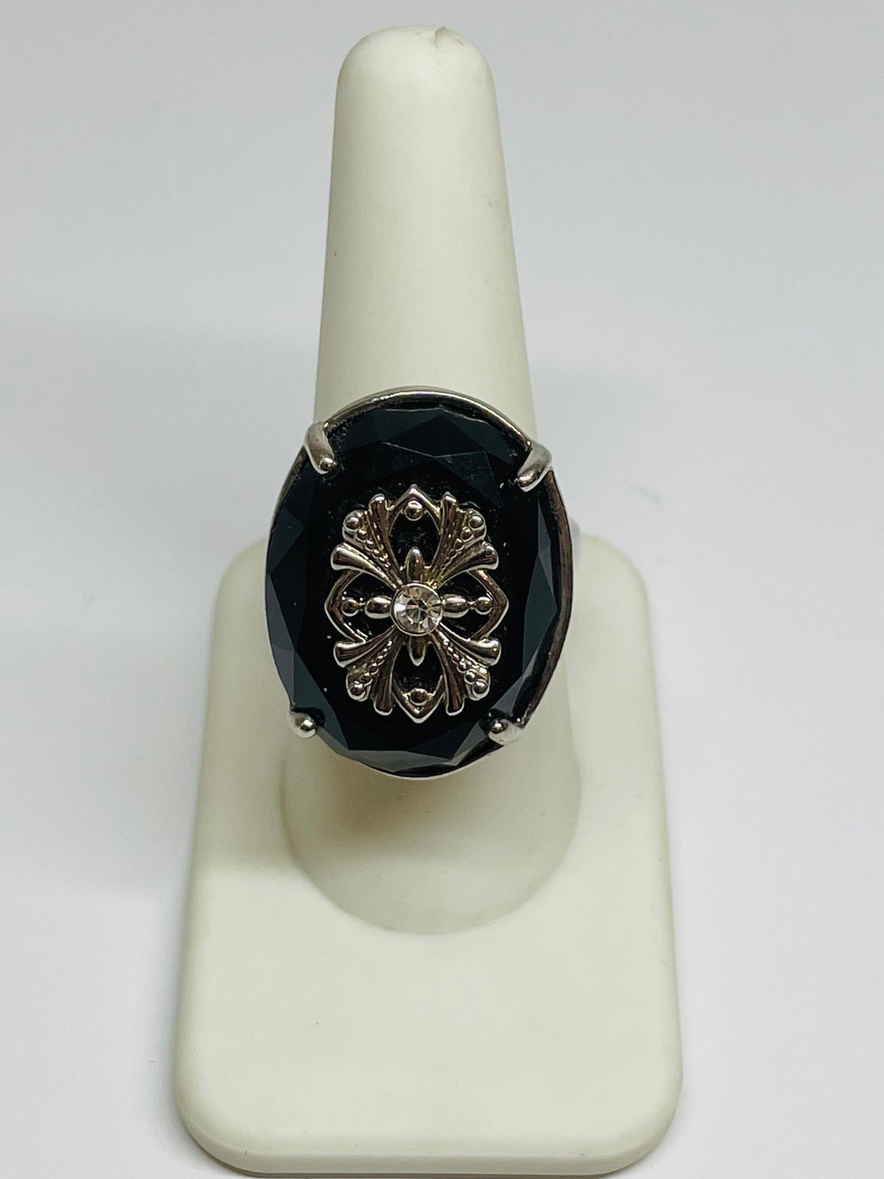 Silver Ring with a Large Black Stone Devil's Details 