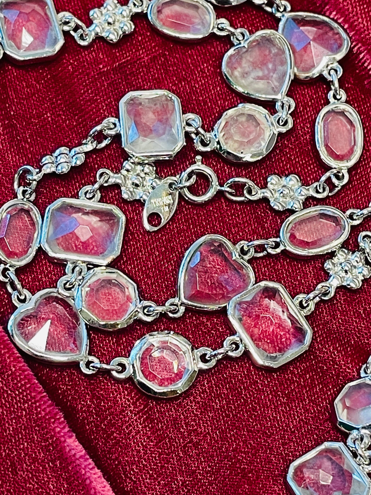Trifari Silver Necklace with Clear Square, Circle, and Heart Stones Devil's Details 