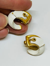 Thumbnail for Trifari White and Gold Buckle Earrings Devil's Details 