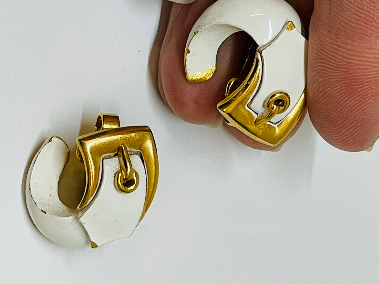 Trifari White and Gold Buckle Earrings Devil's Details 