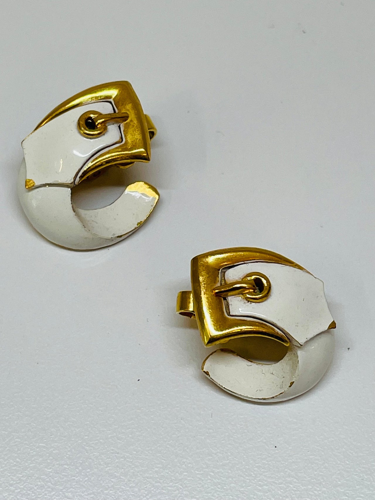 Trifari White and Gold Buckle Earrings Devil's Details 