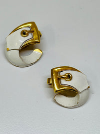 Thumbnail for Trifari White and Gold Buckle Earrings Devil's Details 