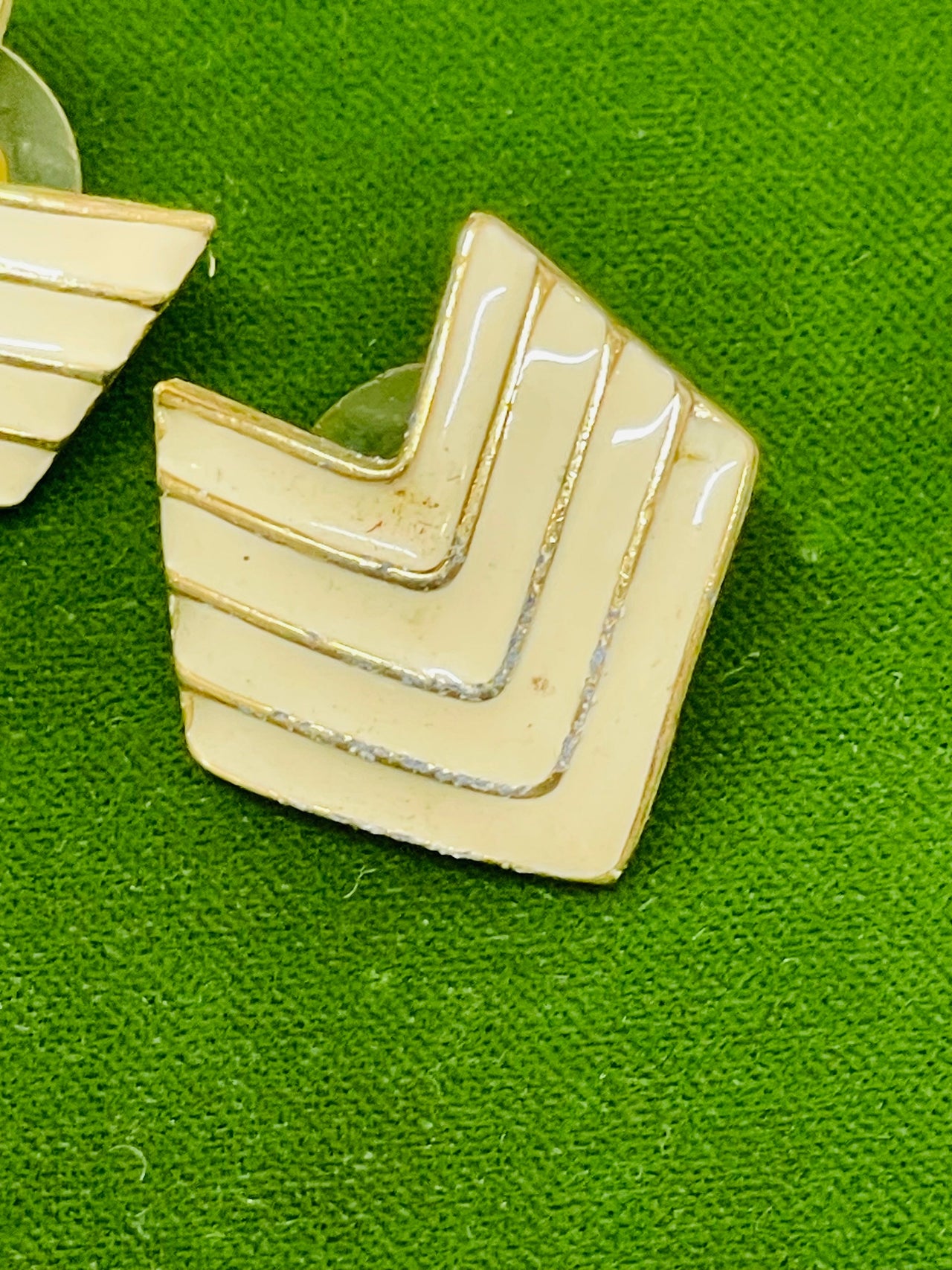White and Gold Enamel Shield Earrings Devil's Details 