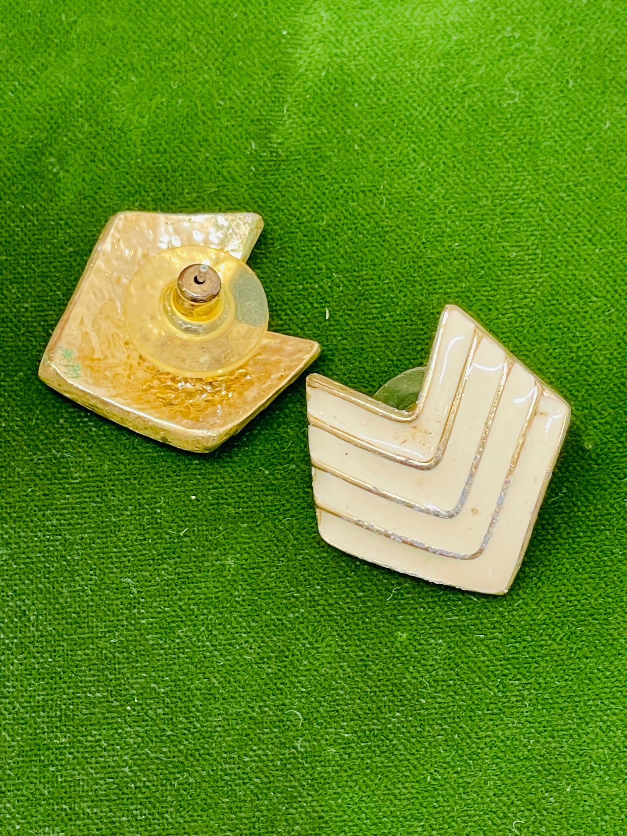 White and Gold Enamel Shield Earrings Devil's Details 