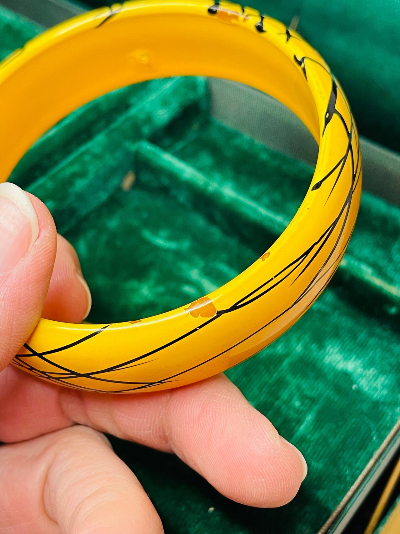 Yellow Bangle with Black Crosshatch Devil's Details 