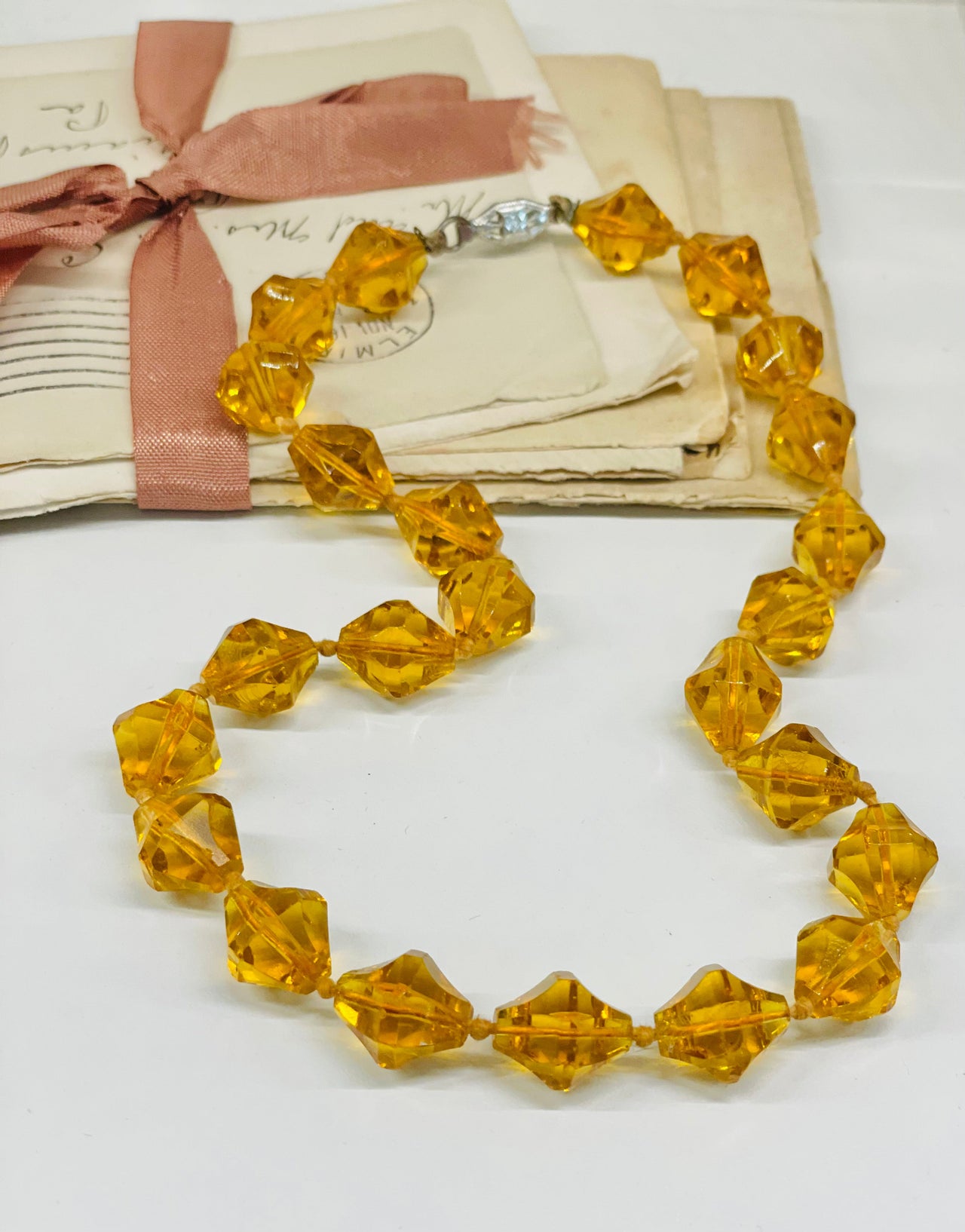 1930s Amber Czech Glass Hand Knotted Necklace Jewelry Bloomers and Frocks 