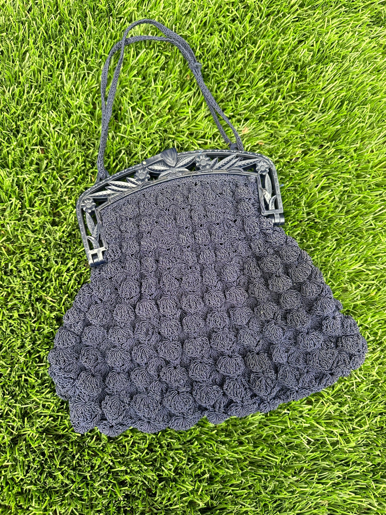 1930s Navy Knit Purse with Plastic Handle Bloomers and Frocks 