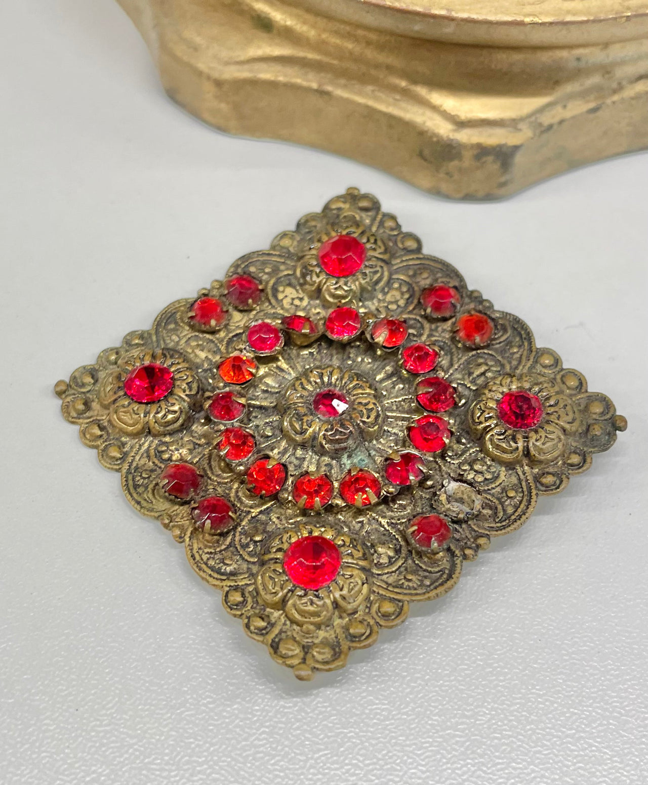 1930s Red Rhinestone Floral Brass Brooch Jewelry Bloomers and Frocks 