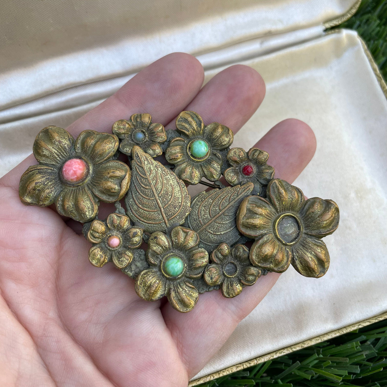 1930s Stamped Brass Floral Brooch Jewelry Bloomers and Frocks 