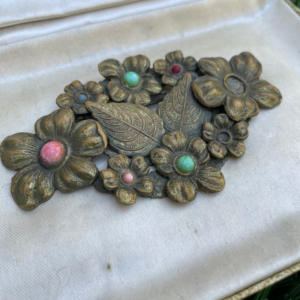 1930s Stamped Brass Floral Brooch Jewelry Bloomers and Frocks 