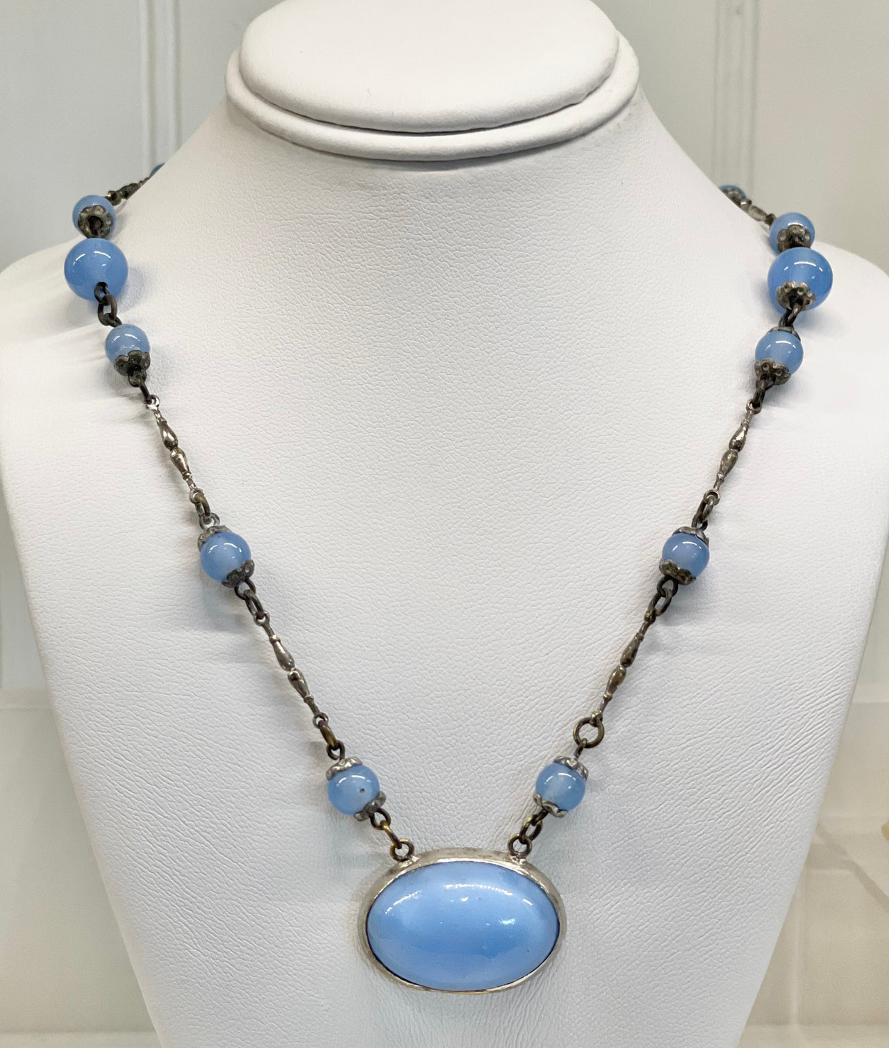 1940s Blue Czech Glass Beaded Necklace Jewelry Bloomers and Frocks 