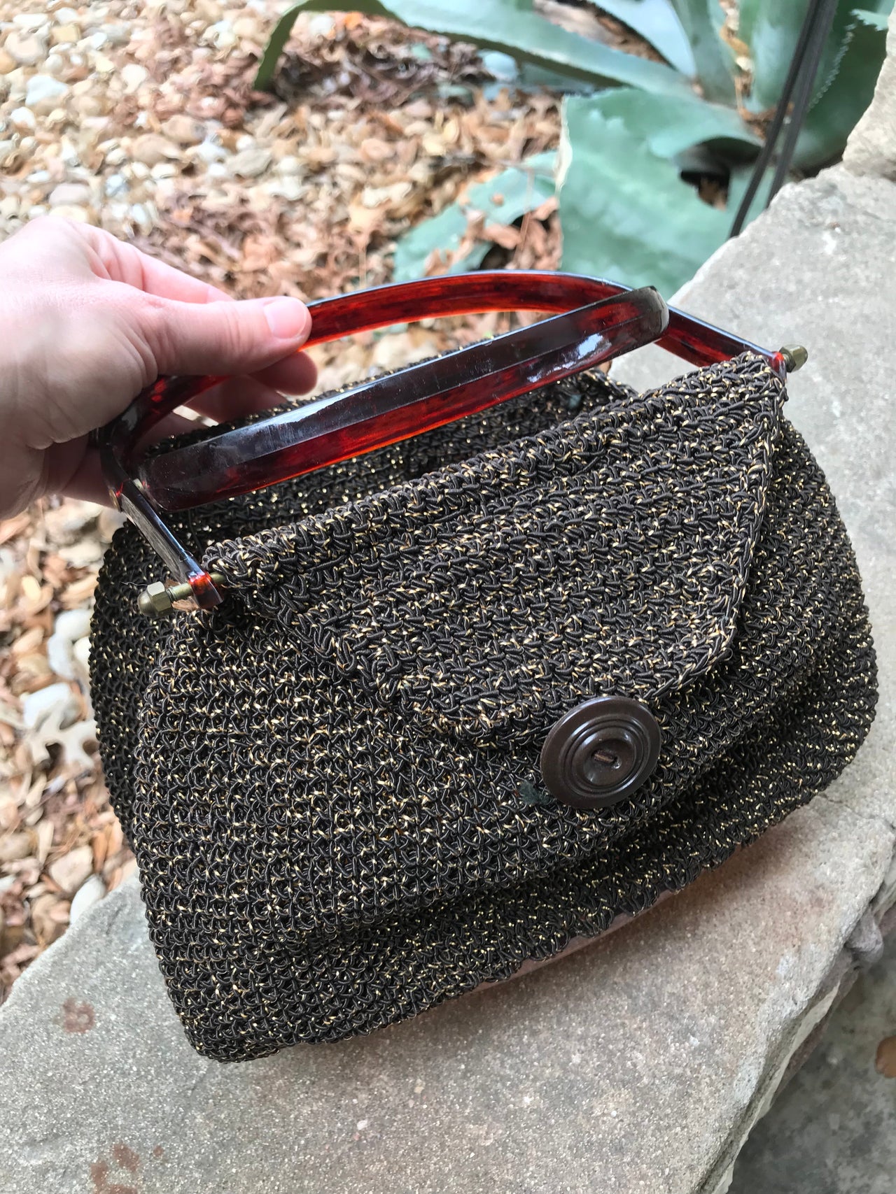 1940's Brown Knit Purse with Acrylic Detail Purse Bloomers and Frocks 