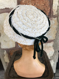 Thumbnail for 1940’s White Woven Hat with Green Velvet Trim Bloomers and Frocks 