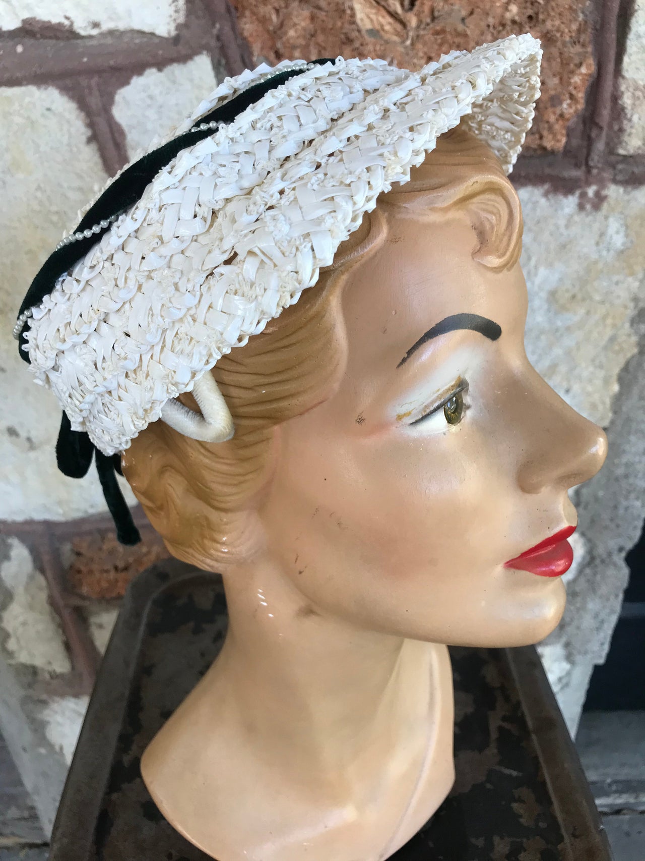 1940’s White Woven Hat with Green Velvet Trim Bloomers and Frocks 