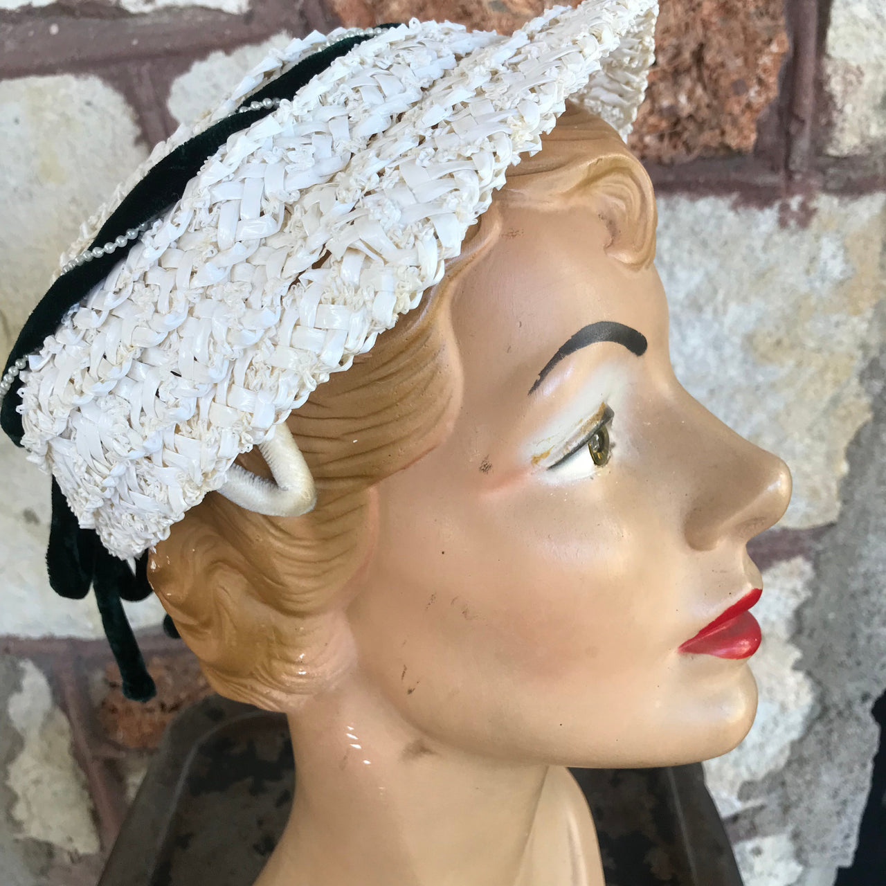 1940’s White Woven Hat with Green Velvet Trim Bloomers and Frocks 