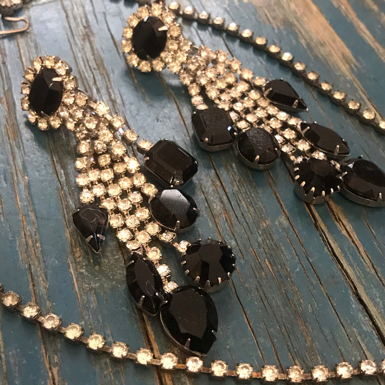 1950s Black and Clear Rhinestone Dangle Earring and Necklace Set Jewelry Bloomers and Frocks 
