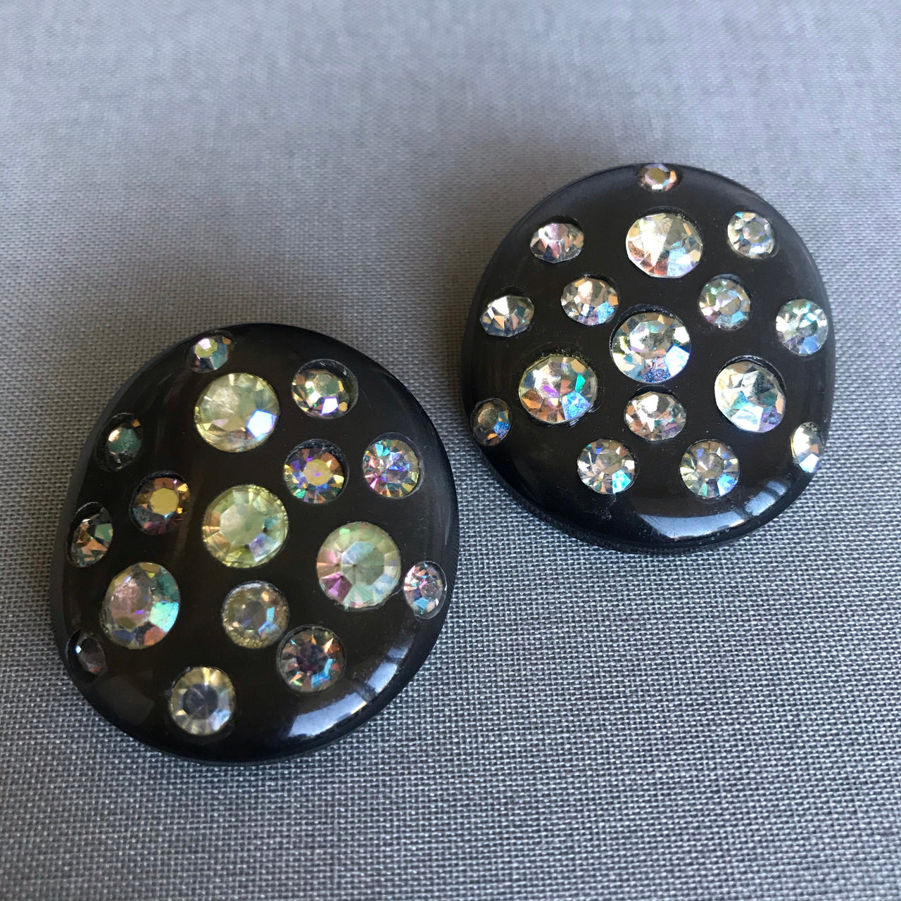 1960s Black and AB Rhinestone Clip Earrings Jewelry Bloomers and Frocks 