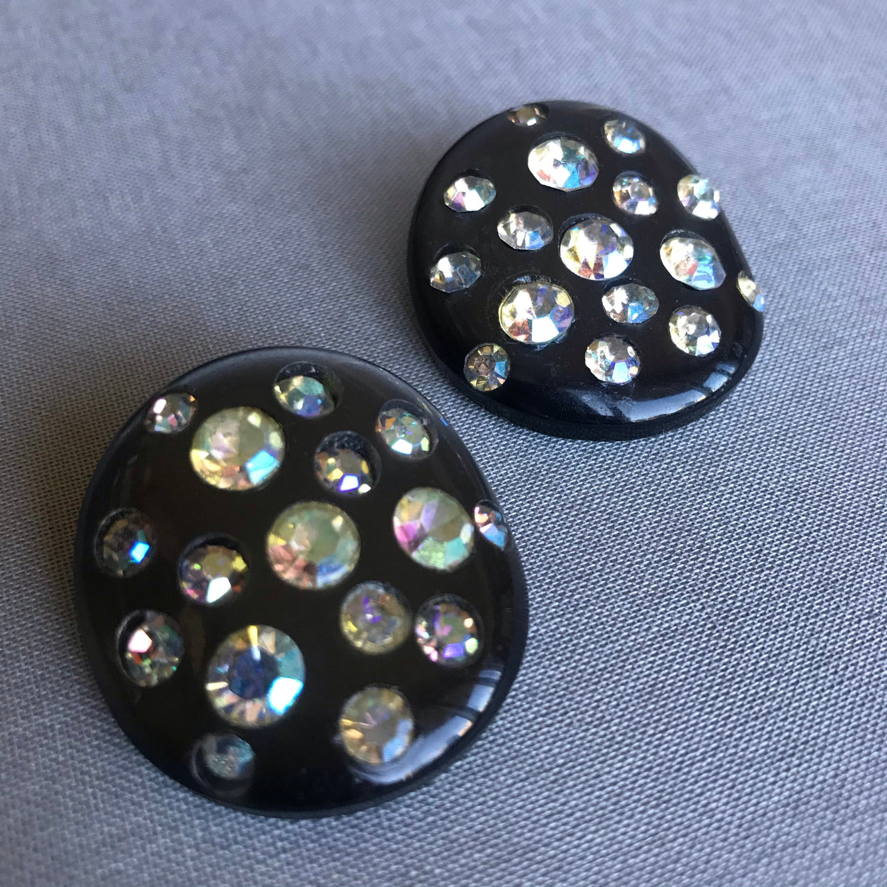 1960s Black and AB Rhinestone Clip Earrings Jewelry Bloomers and Frocks 