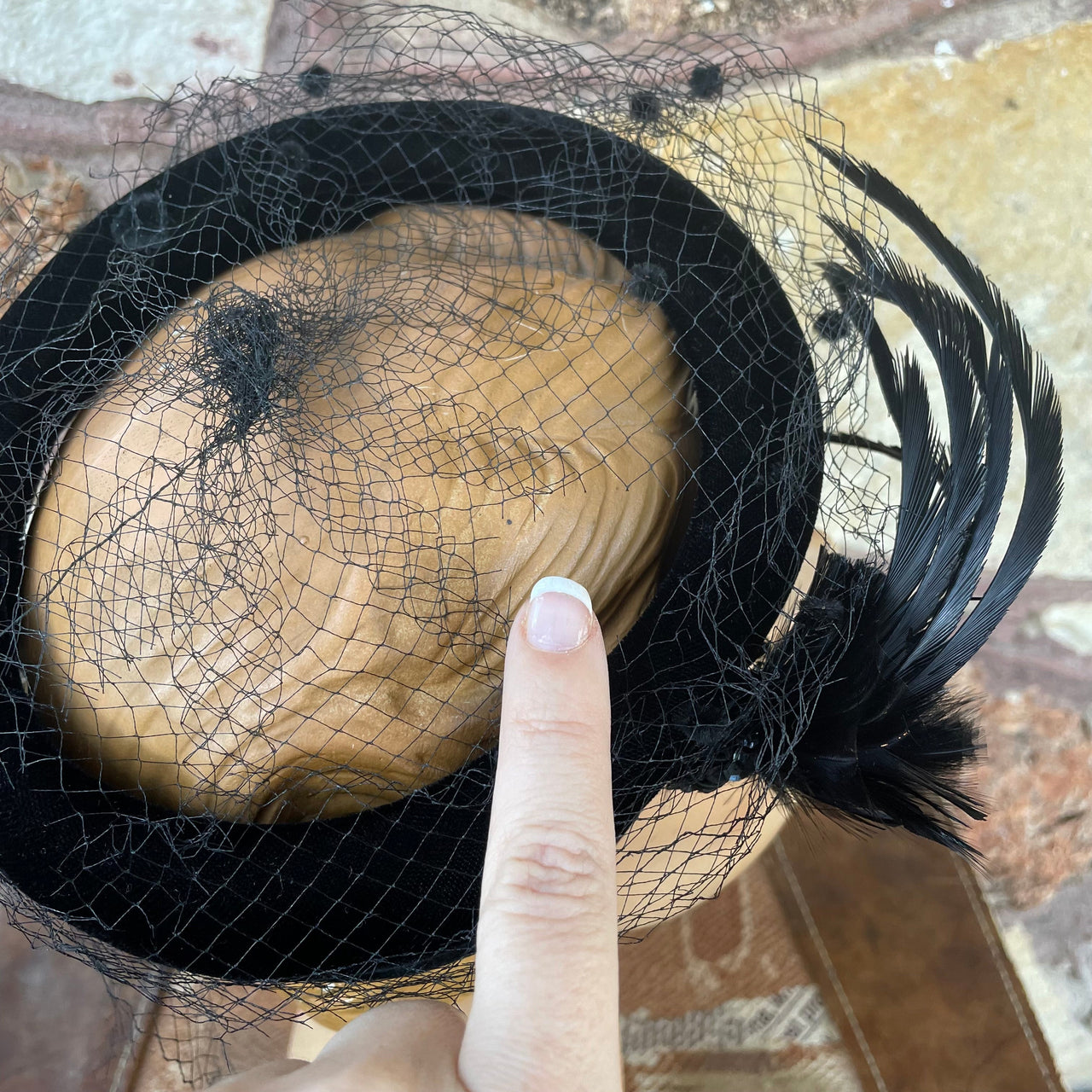 1960s Black Velvet Ring Open Top Net Hat Accessories Bloomers and Frocks 