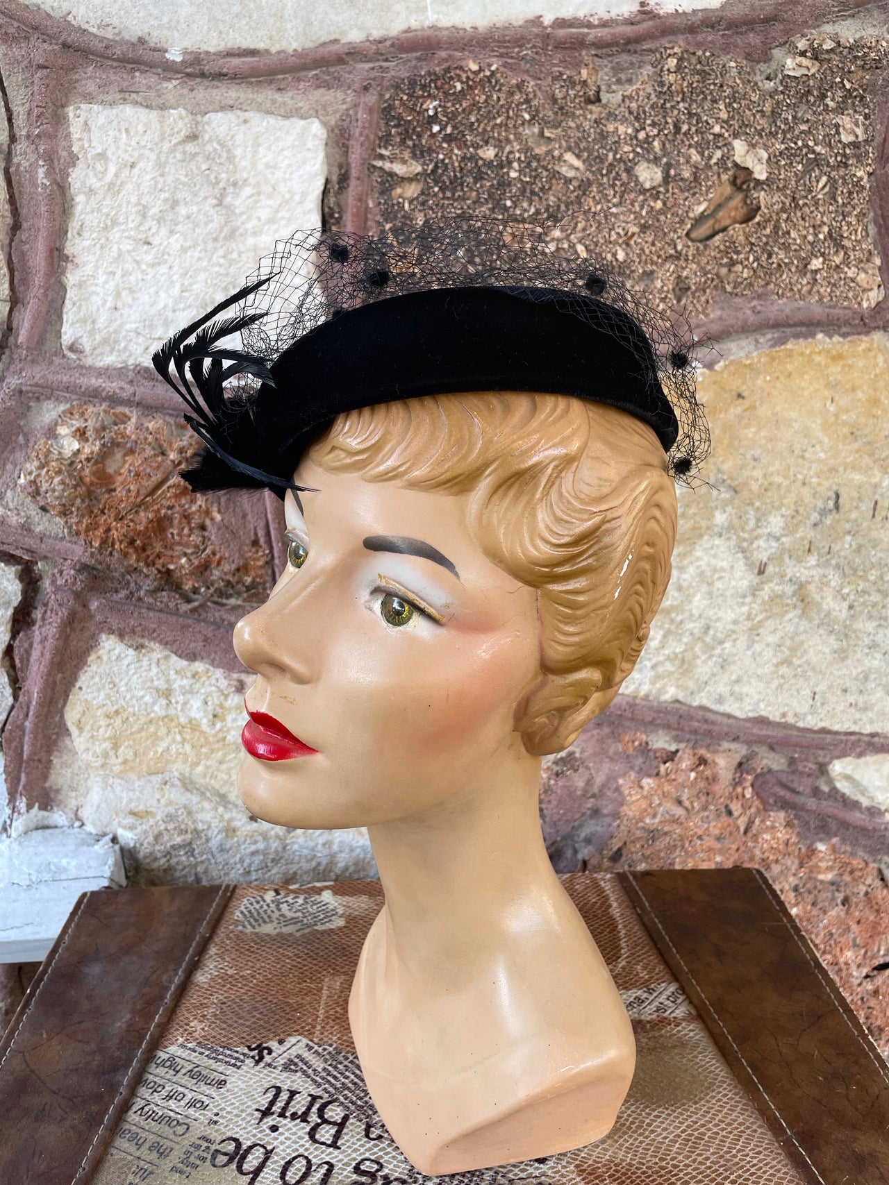 1960s Black Velvet Ring Open Top Net Hat Accessories Bloomers and Frocks 