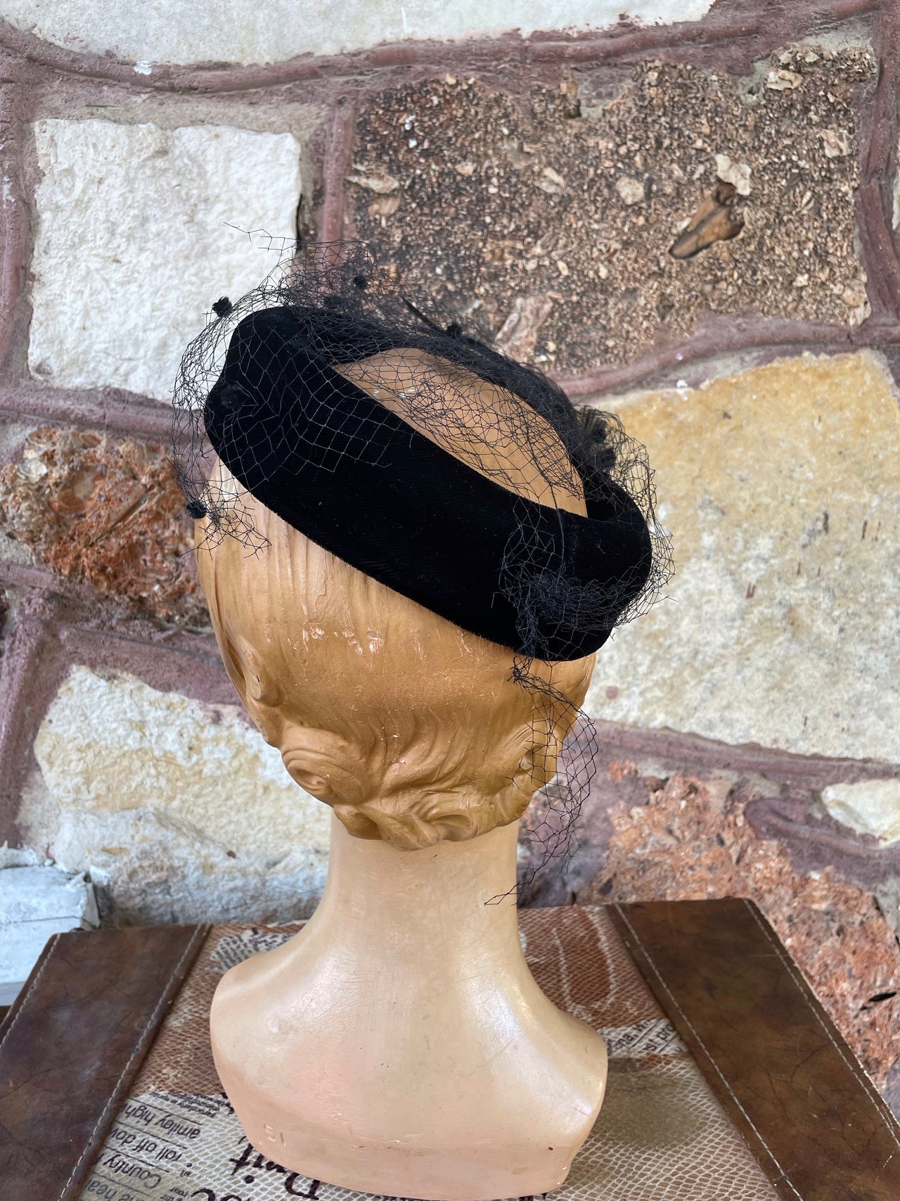 1960s Black Velvet Ring Open Top Net Hat Accessories Bloomers and Frocks 