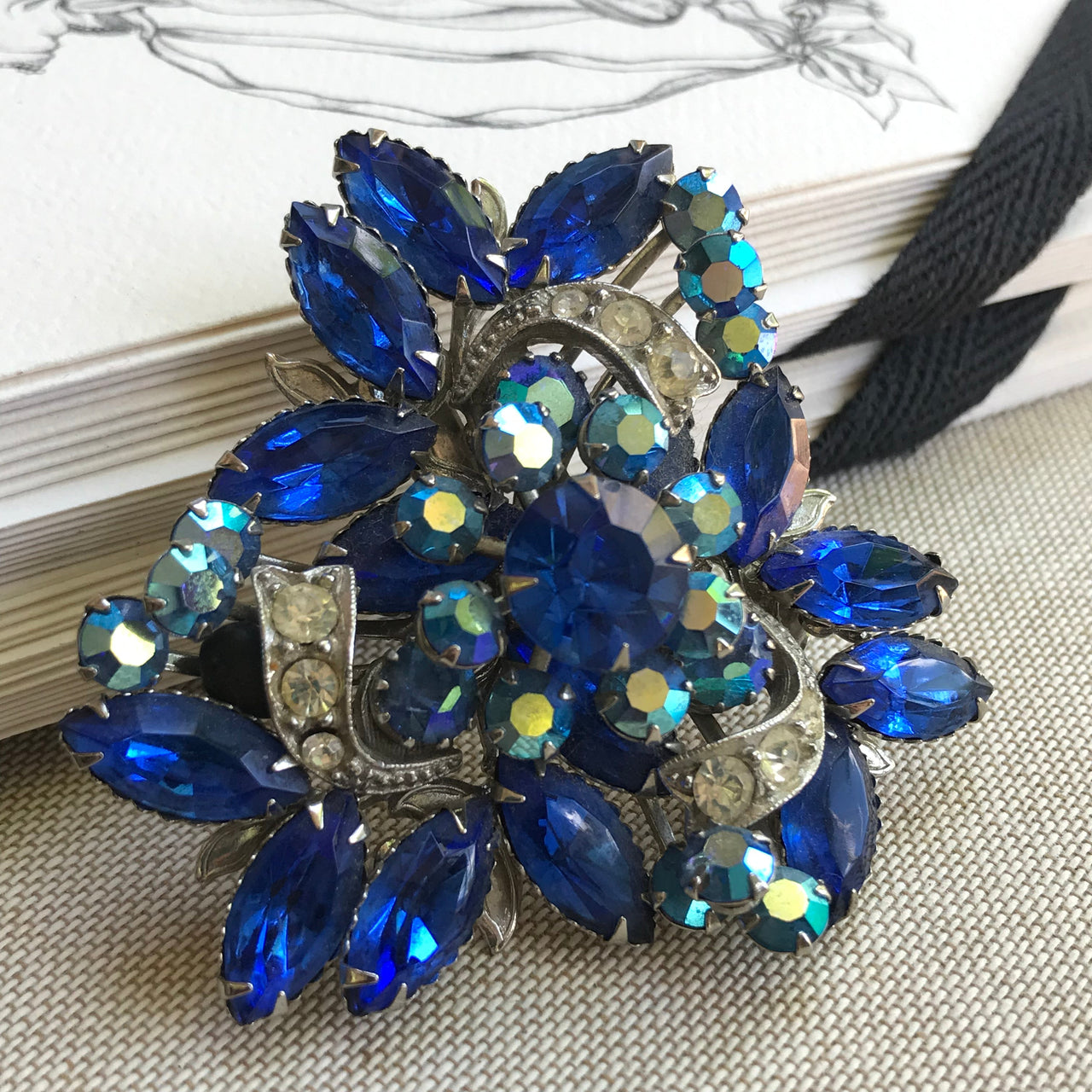 1960s Blue Rhinestone Brooch Jewelry Bloomers and Frocks 