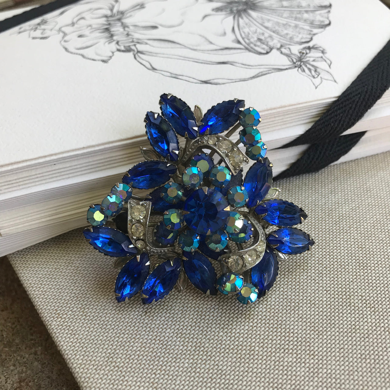 1960s Blue Rhinestone Brooch Jewelry Bloomers and Frocks 