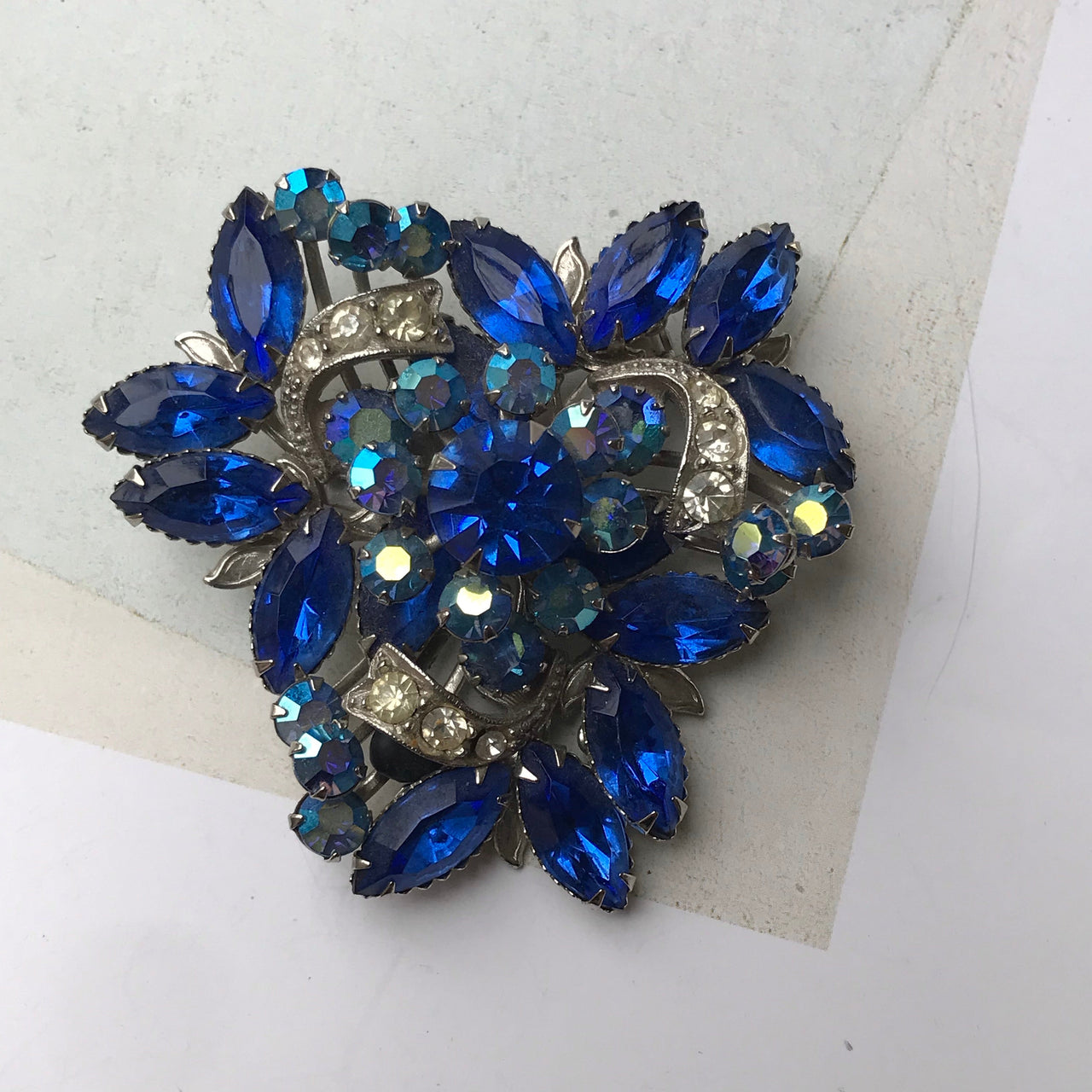 1960s Blue Rhinestone Brooch Jewelry Bloomers and Frocks 