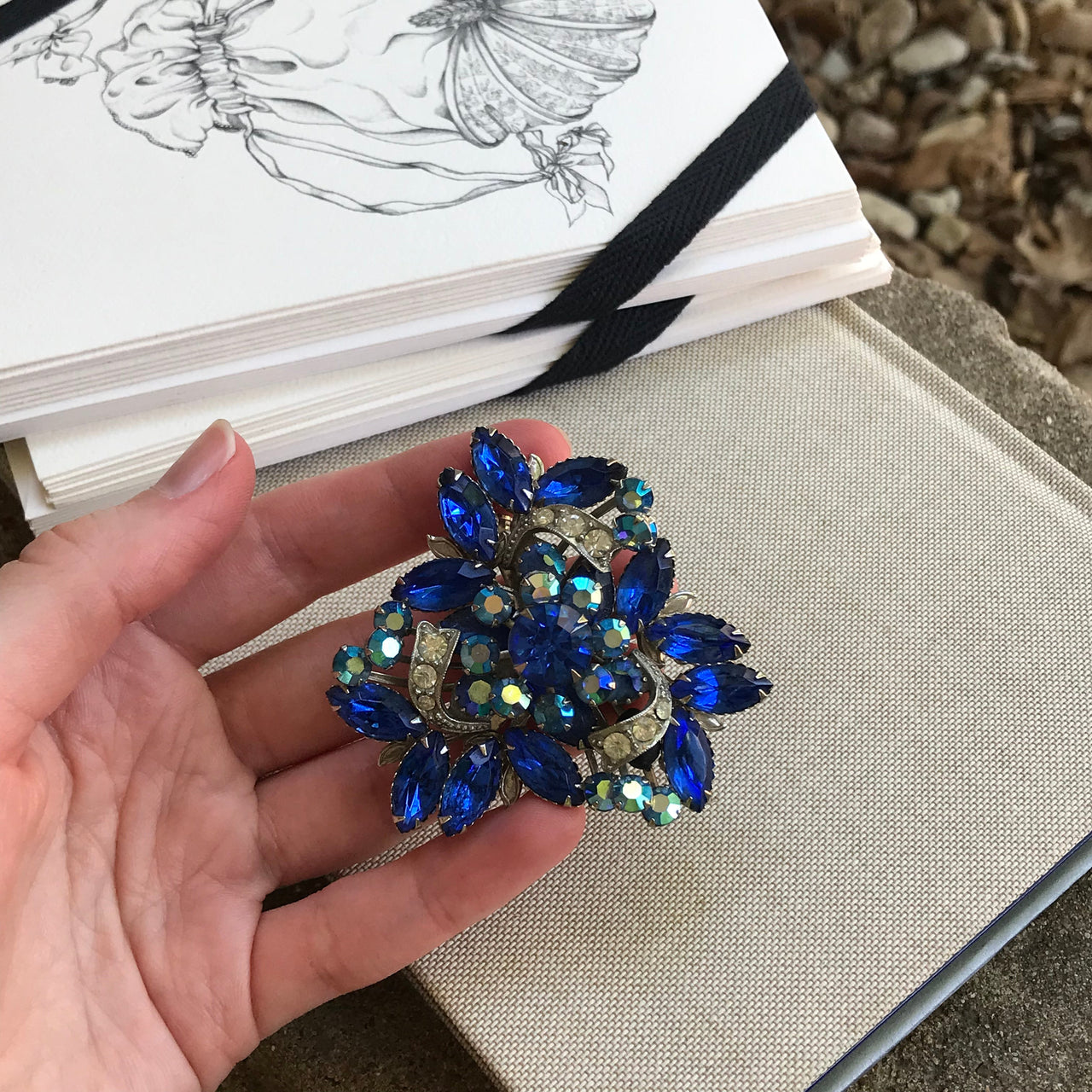 1960s Blue Rhinestone Brooch Jewelry Bloomers and Frocks 