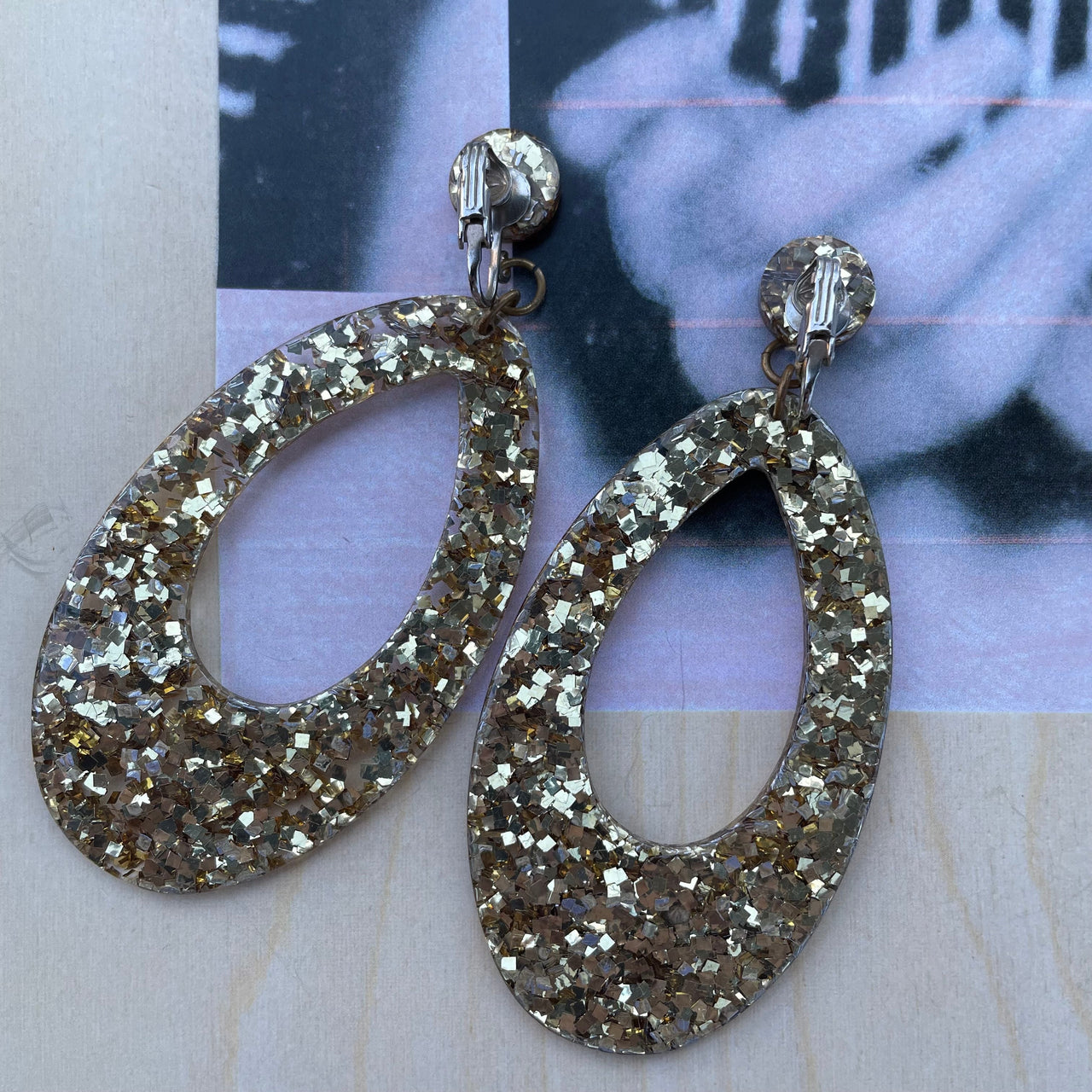 1960s Gold Glitter Clip Earrings Jewelry Bloomers and Frocks 