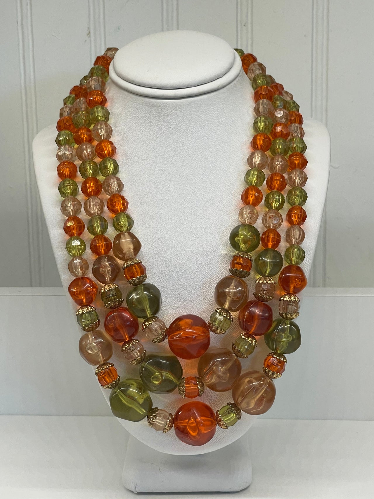 1960’s Green and Orange Triple Strand Beaded Necklace Bloomers and Frocks 