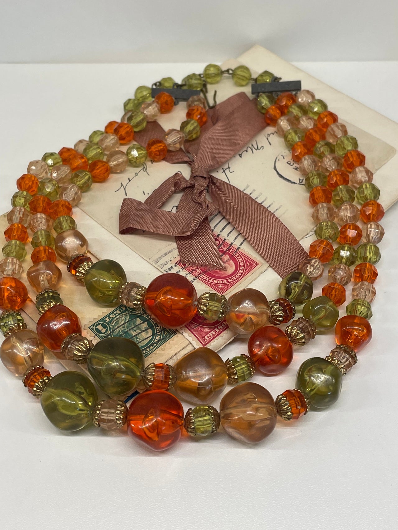 1960’s Green and Orange Triple Strand Beaded Necklace Bloomers and Frocks 