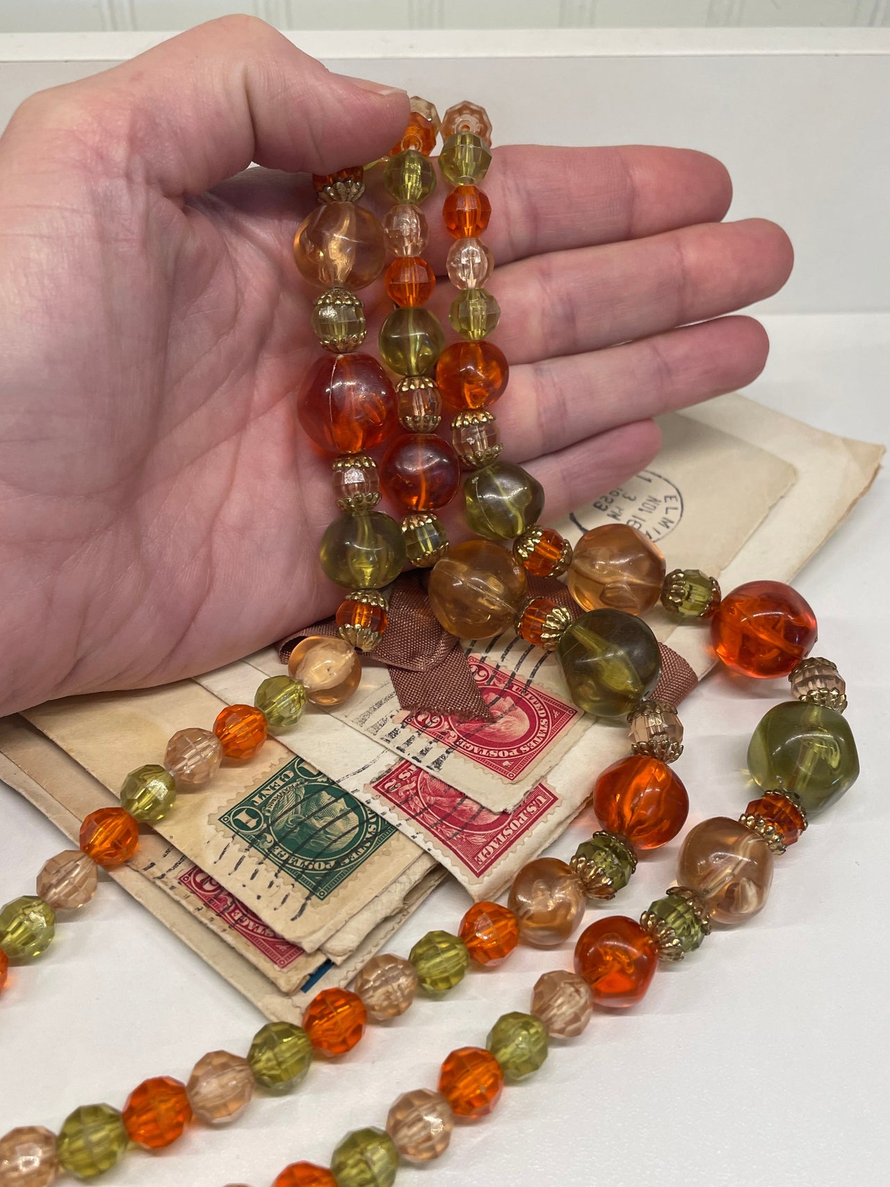 1960’s Green and Orange Triple Strand Beaded Necklace Bloomers and Frocks 