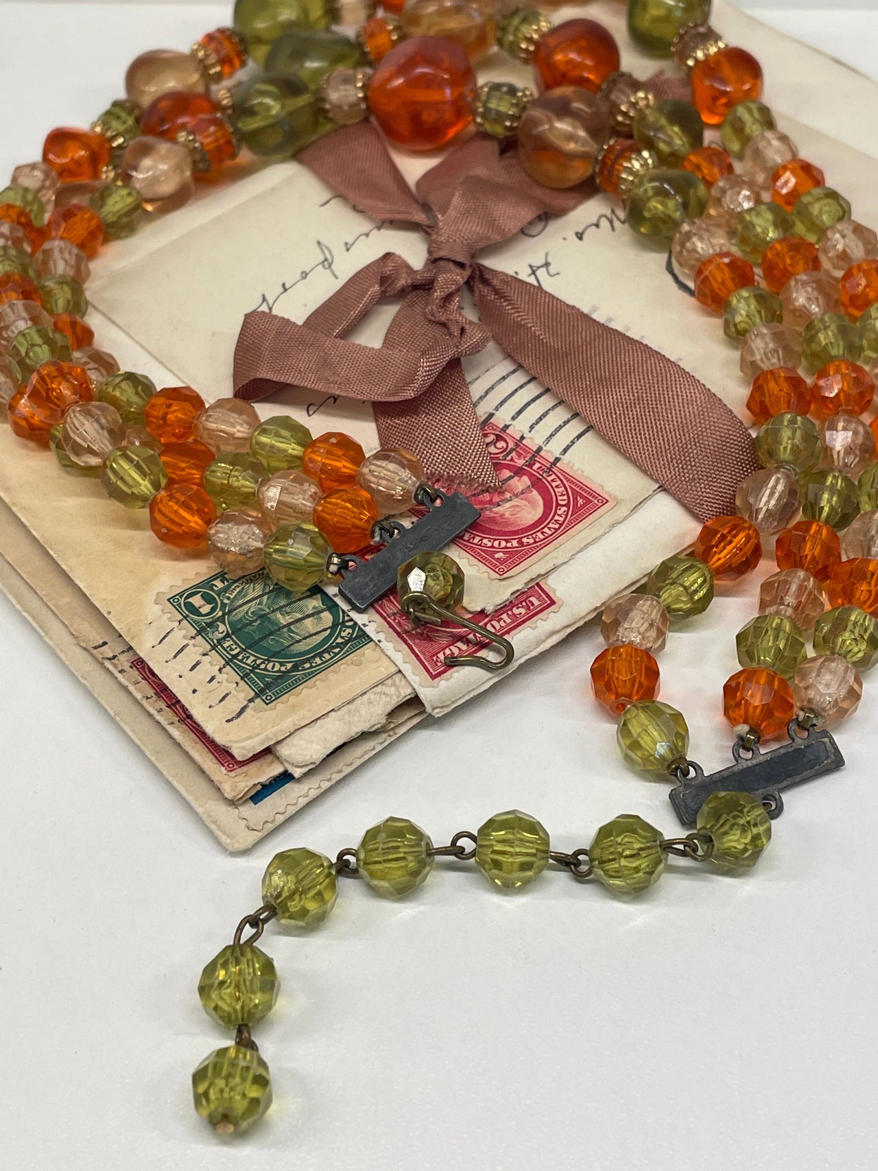 1960’s Green and Orange Triple Strand Beaded Necklace Bloomers and Frocks 