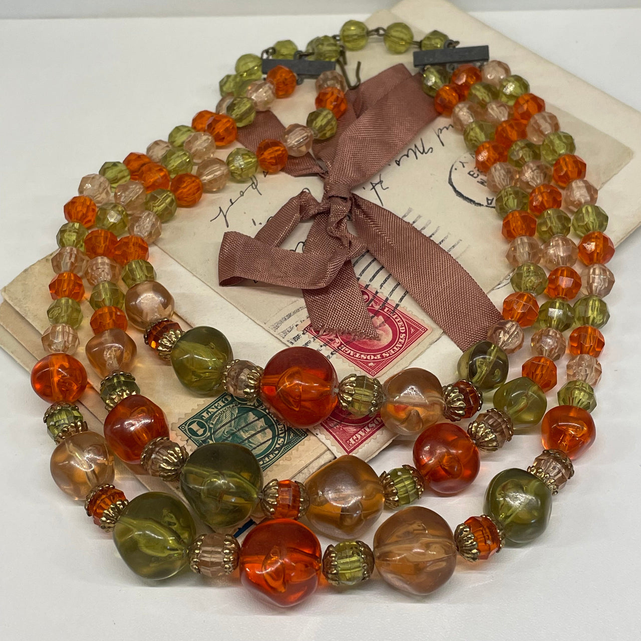 1960’s Green and Orange Triple Strand Beaded Necklace Bloomers and Frocks 