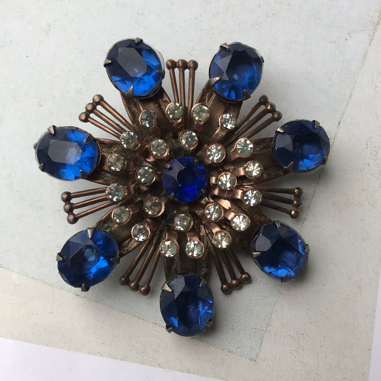 1960s Large Blue and Clear Rhinestone Brooch Jewelry Bloomers and Frocks 