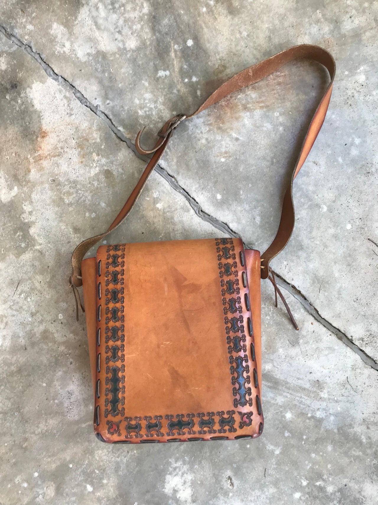 1960's Large Leather Tooled Border Satchel Purse Bloomers and Frocks 